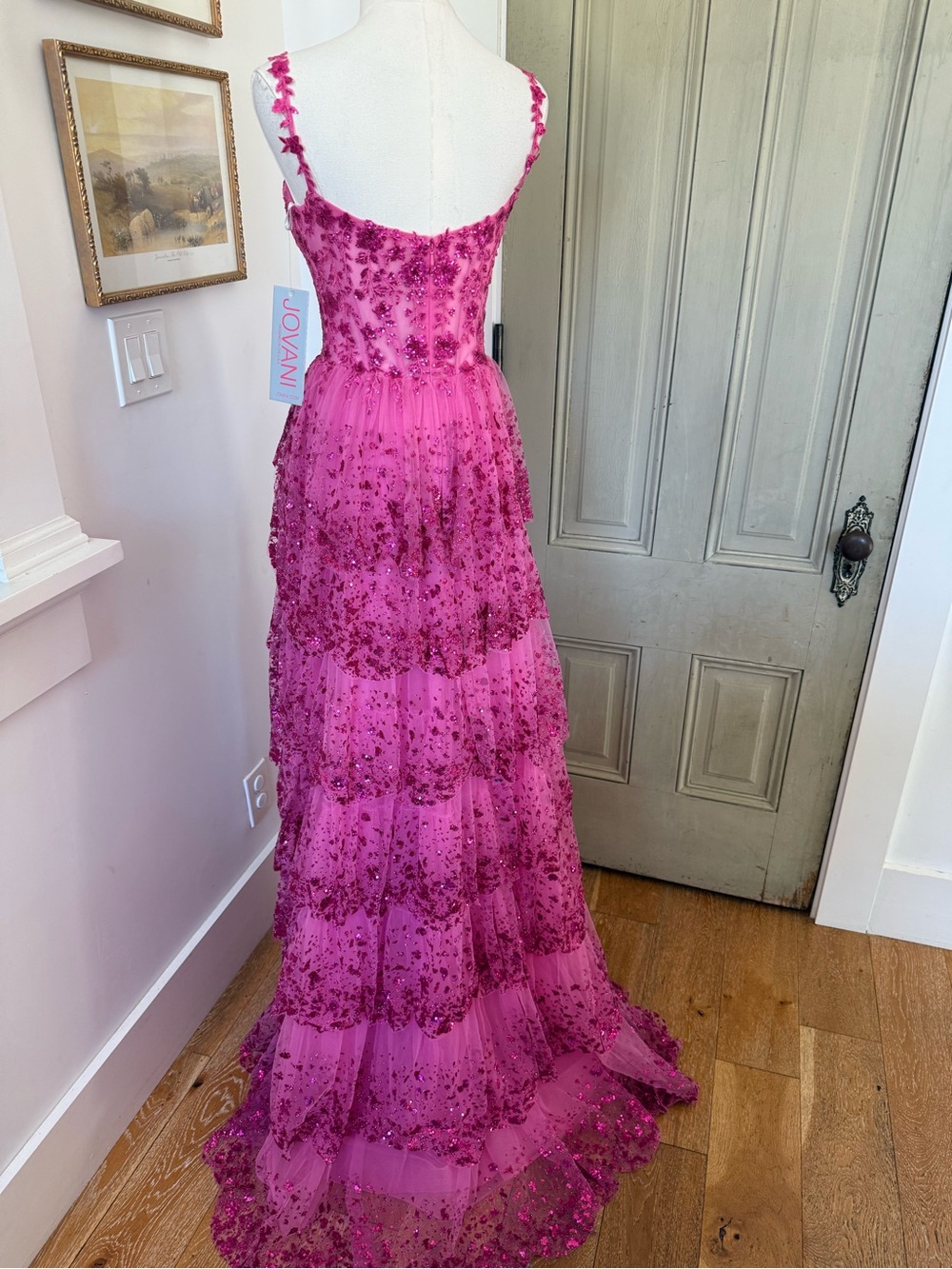 NWT Jovani Ballgown in Tiered Fuschia Pink Barbie Sparkle Dreams - Picture 9 of 10